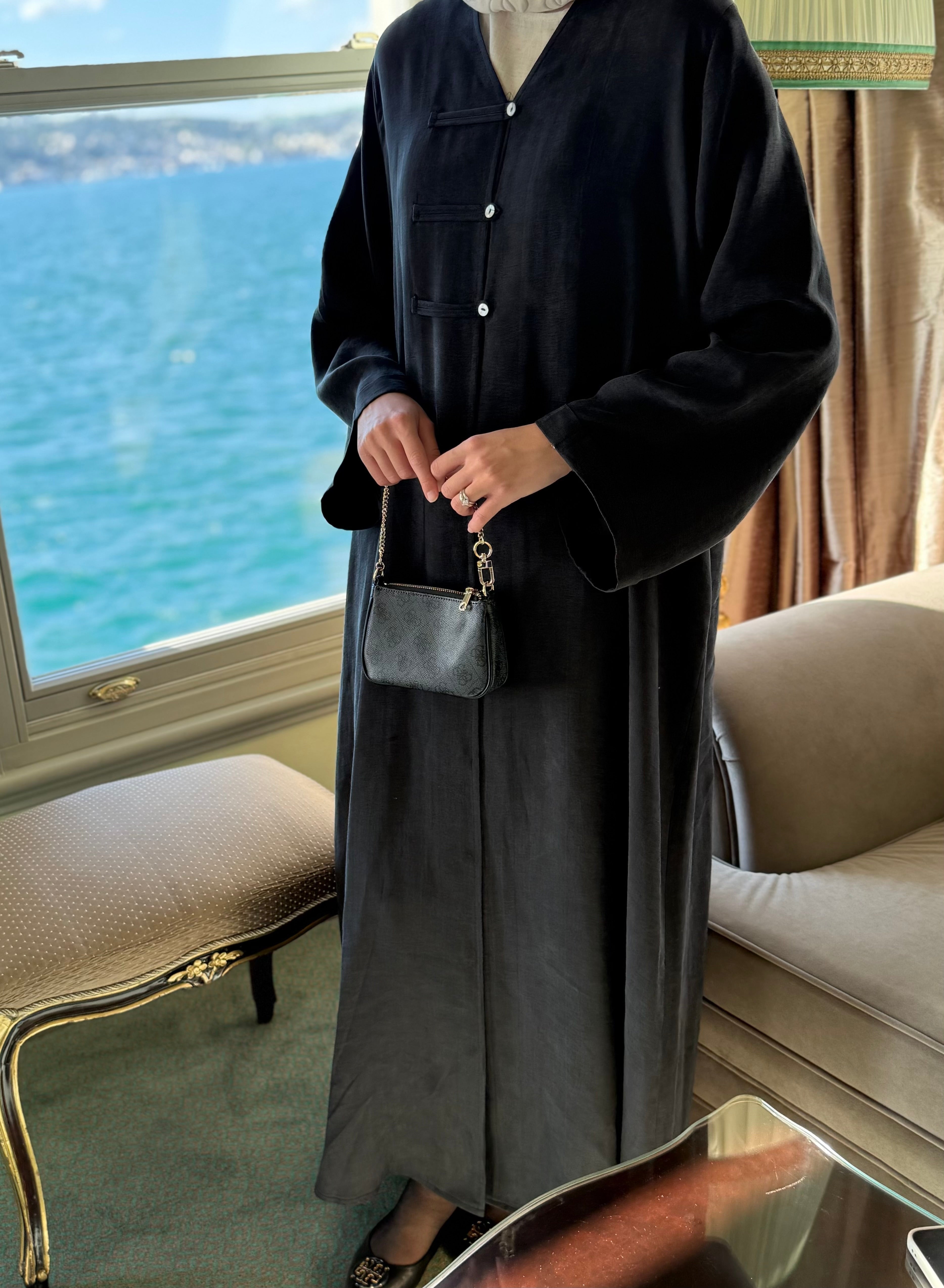 Brit Detaylı Siyah Kupra Abaya Hubab Abaya
