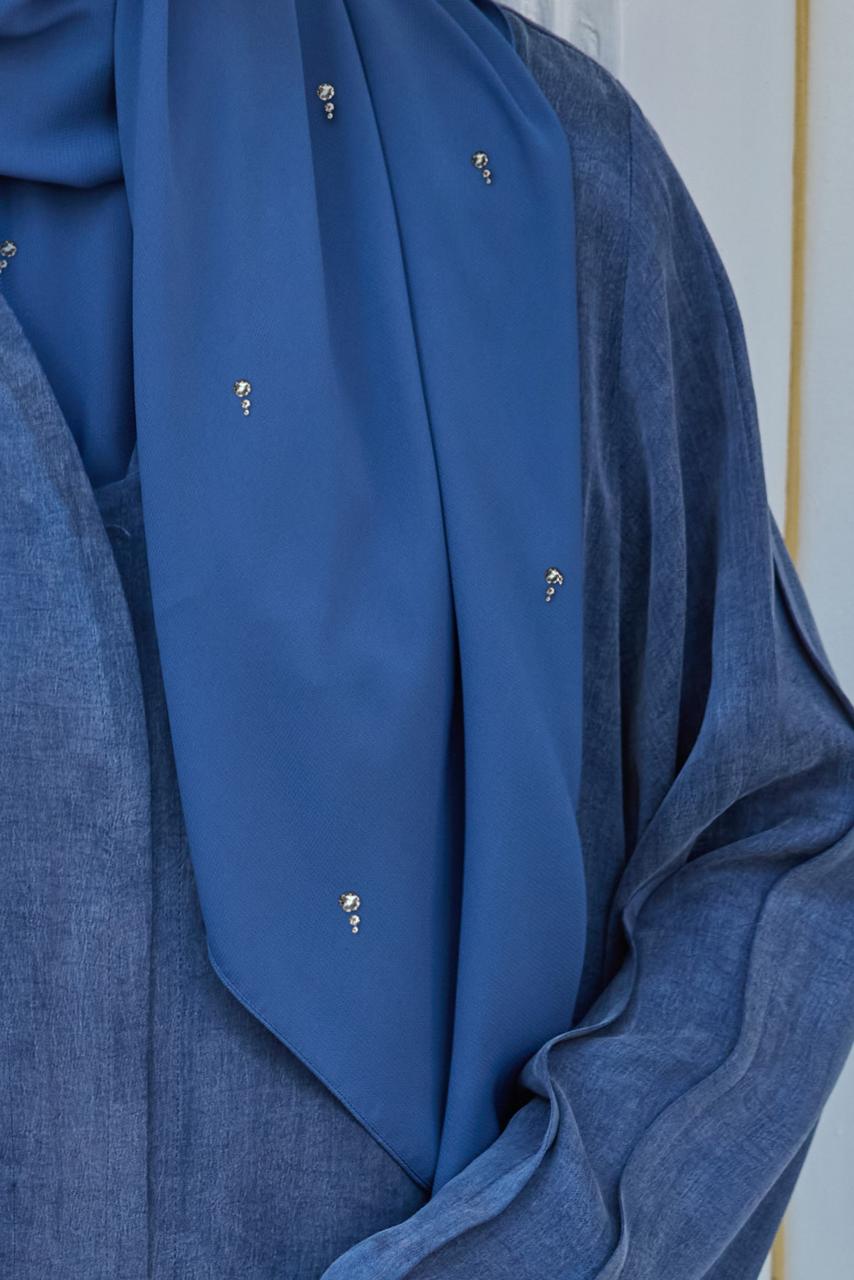 Swarovski İndigo Japon Şifon Şal Hubab Abaya