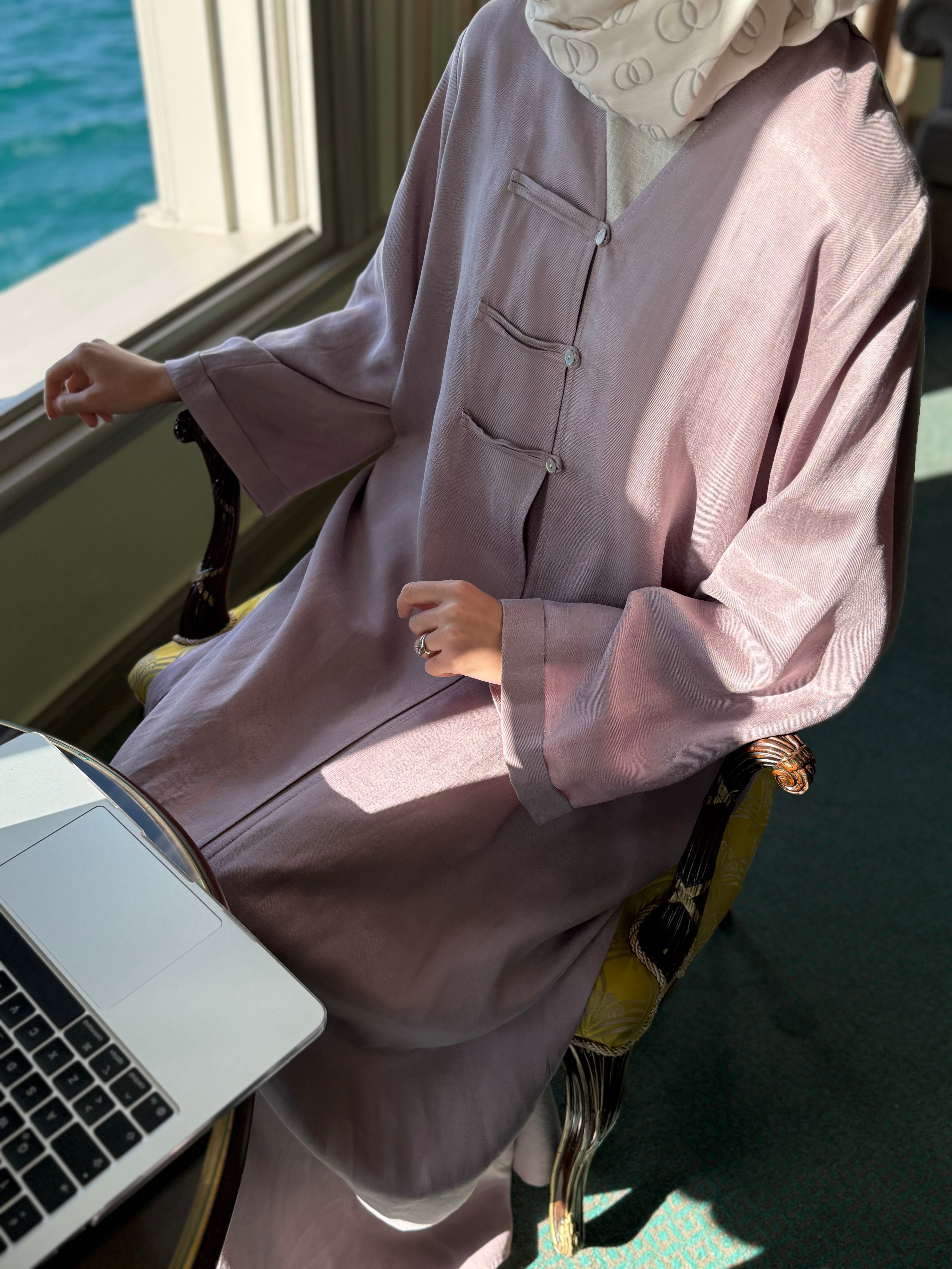 Brit Detaylı Gül Kurusu Kupra Abaya Hubab Abaya