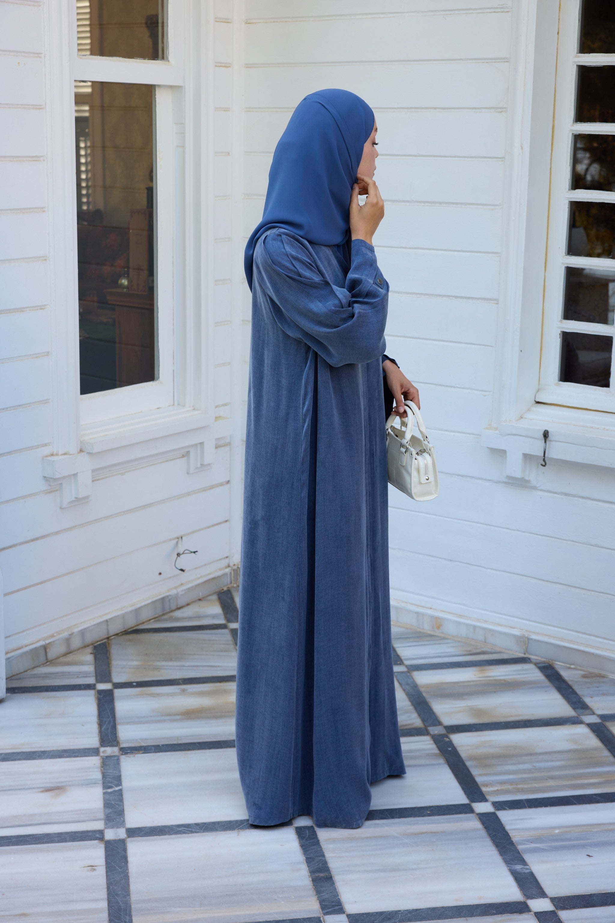 İndigo Japon Şifon Şal Hubab Abaya