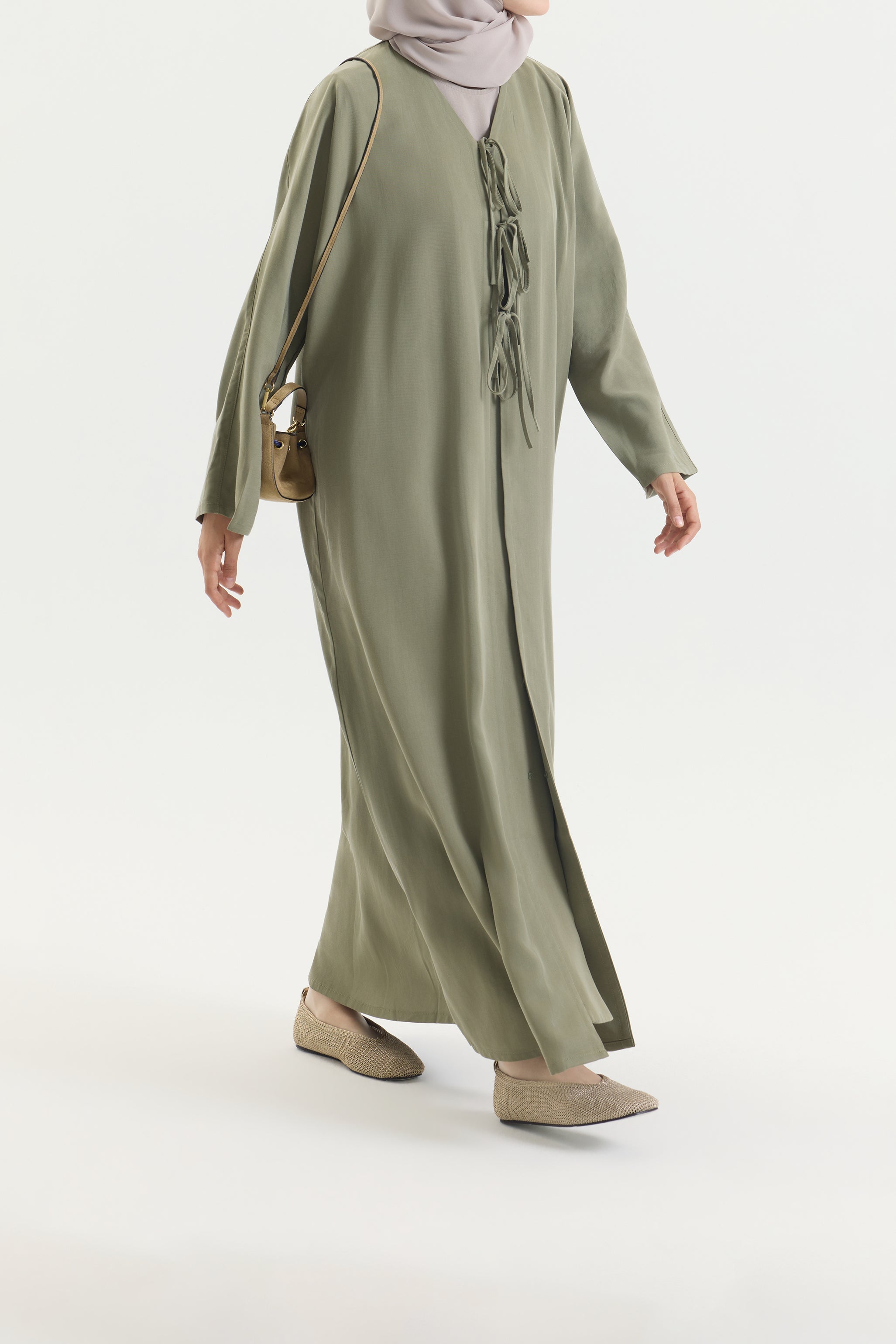 Önden Bağlamalı Çağla Yeşili Bow Abaya Hubab Abaya