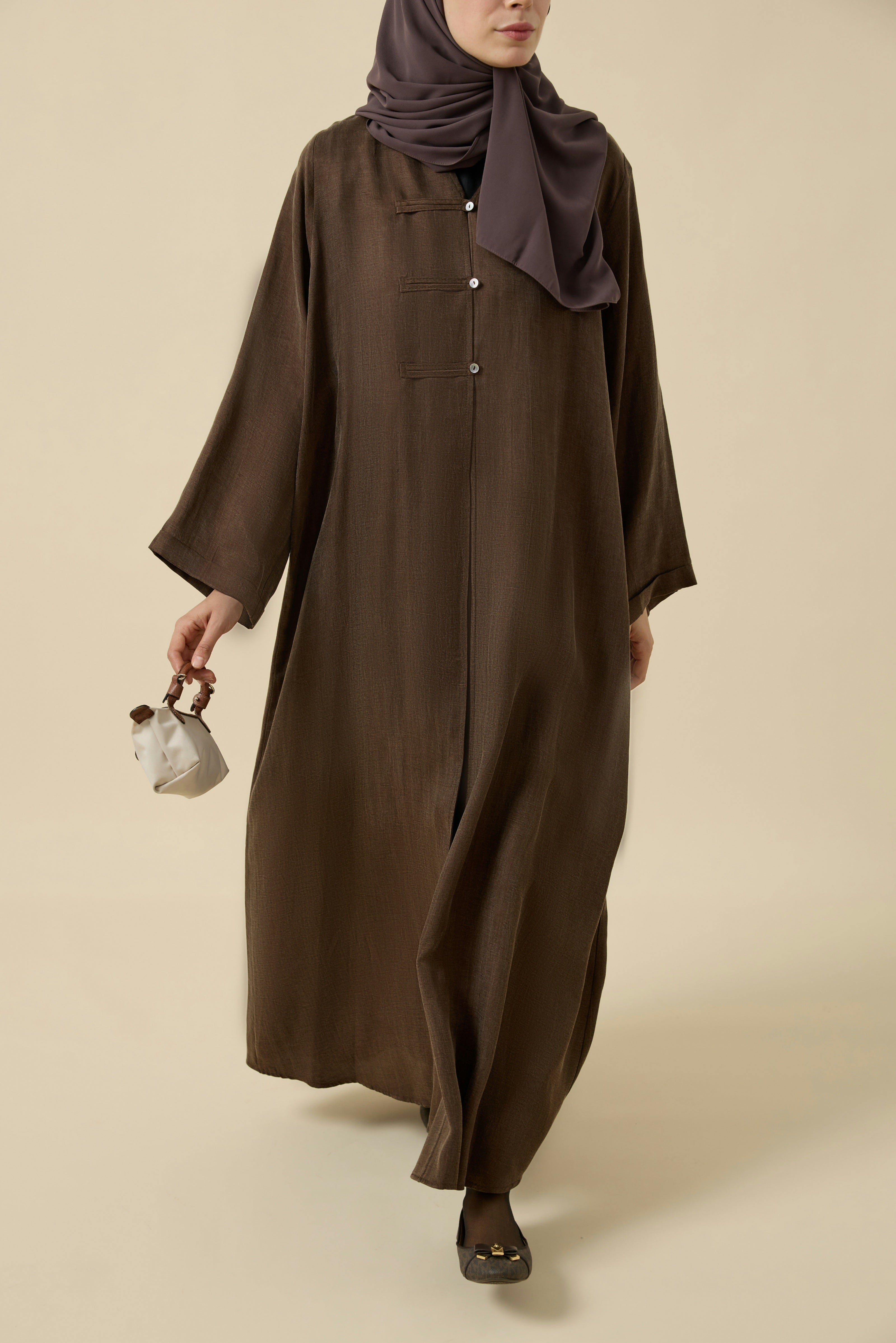 Brit Detaylı Kahverengi Kupra Abaya Hubab Abaya