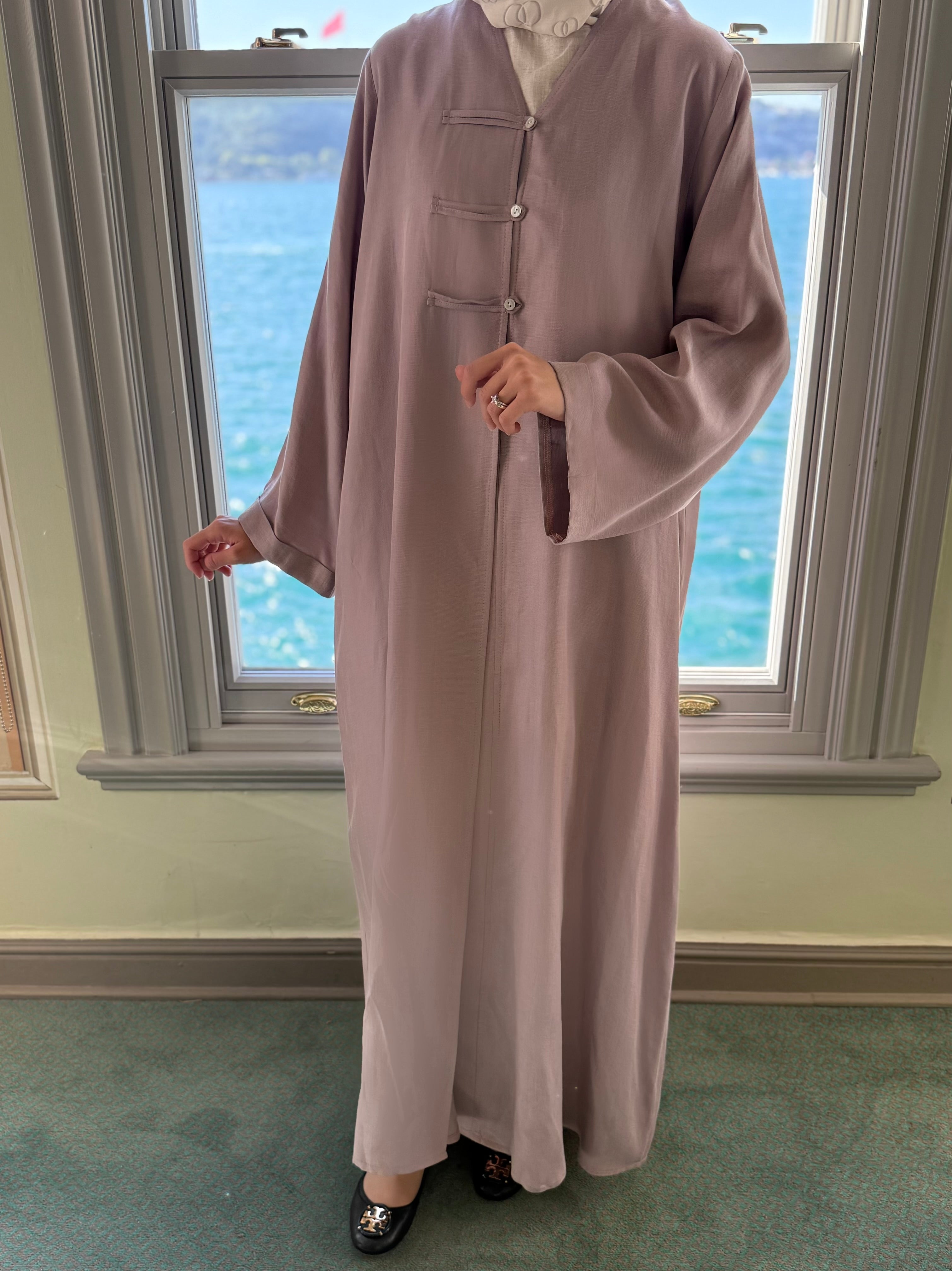 Brit Detaylı Gül Kurusu Kupra Abaya Hubab Abaya