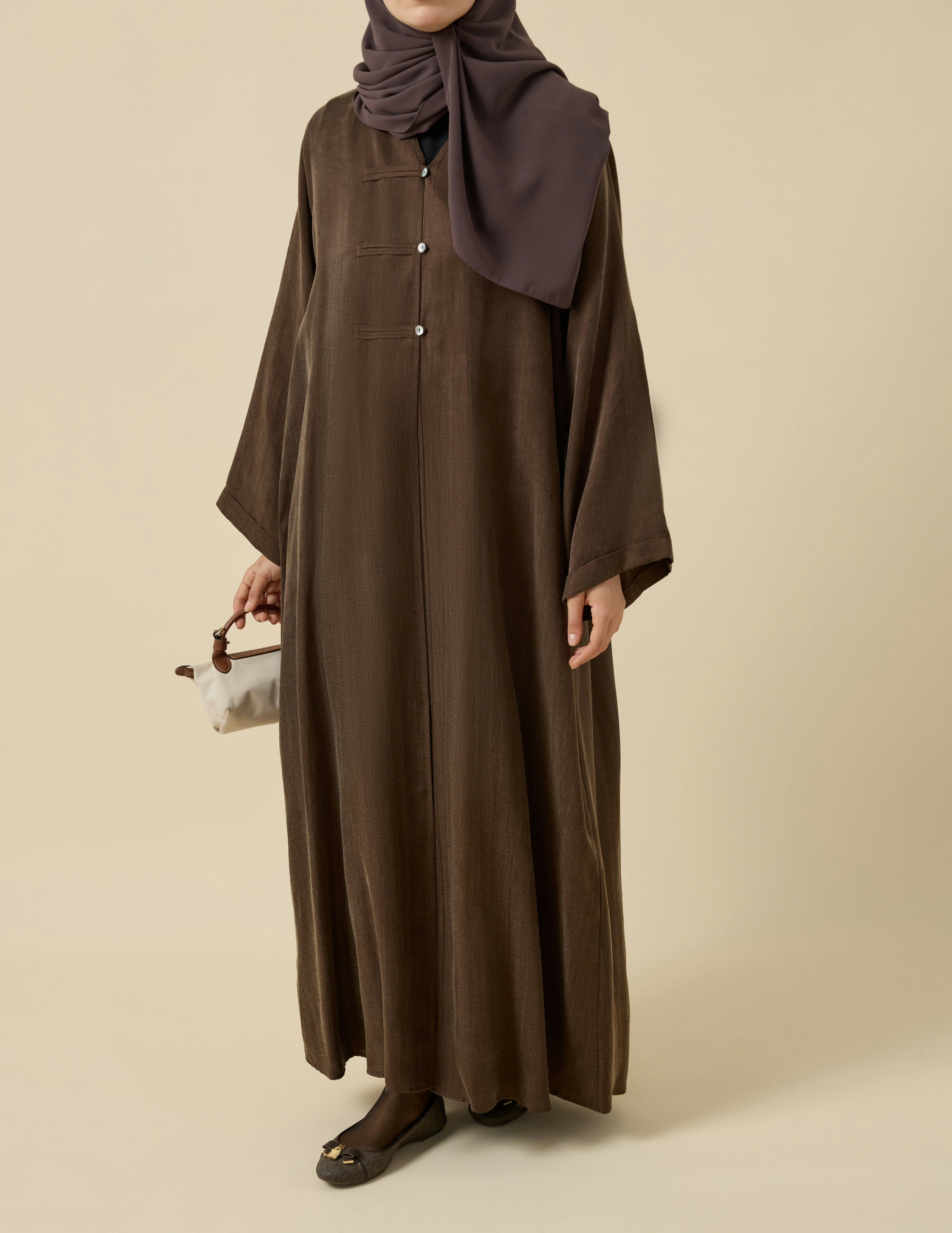 Brit Detaylı Kahverengi Kupra Abaya Hubab Abaya