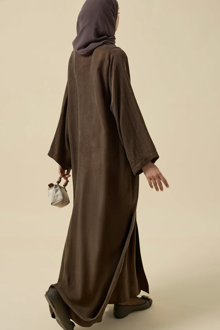 Brit Detaylı Kahverengi Kupra Abaya Hubab Abaya