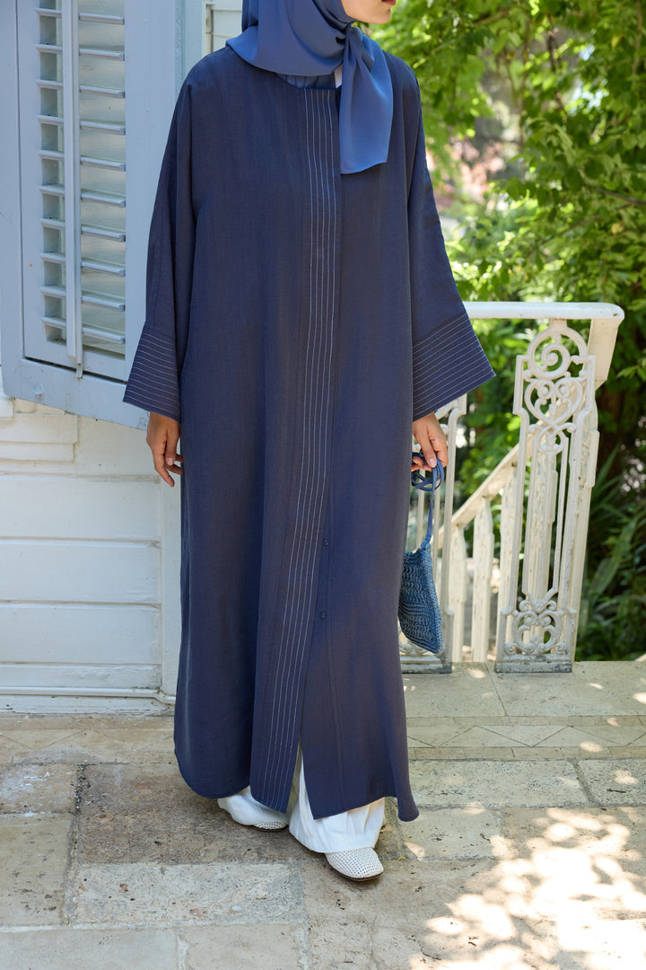 ÇİZGİ DETAYLI LACİVERT TENSEL ABAYA Hubab Abaya