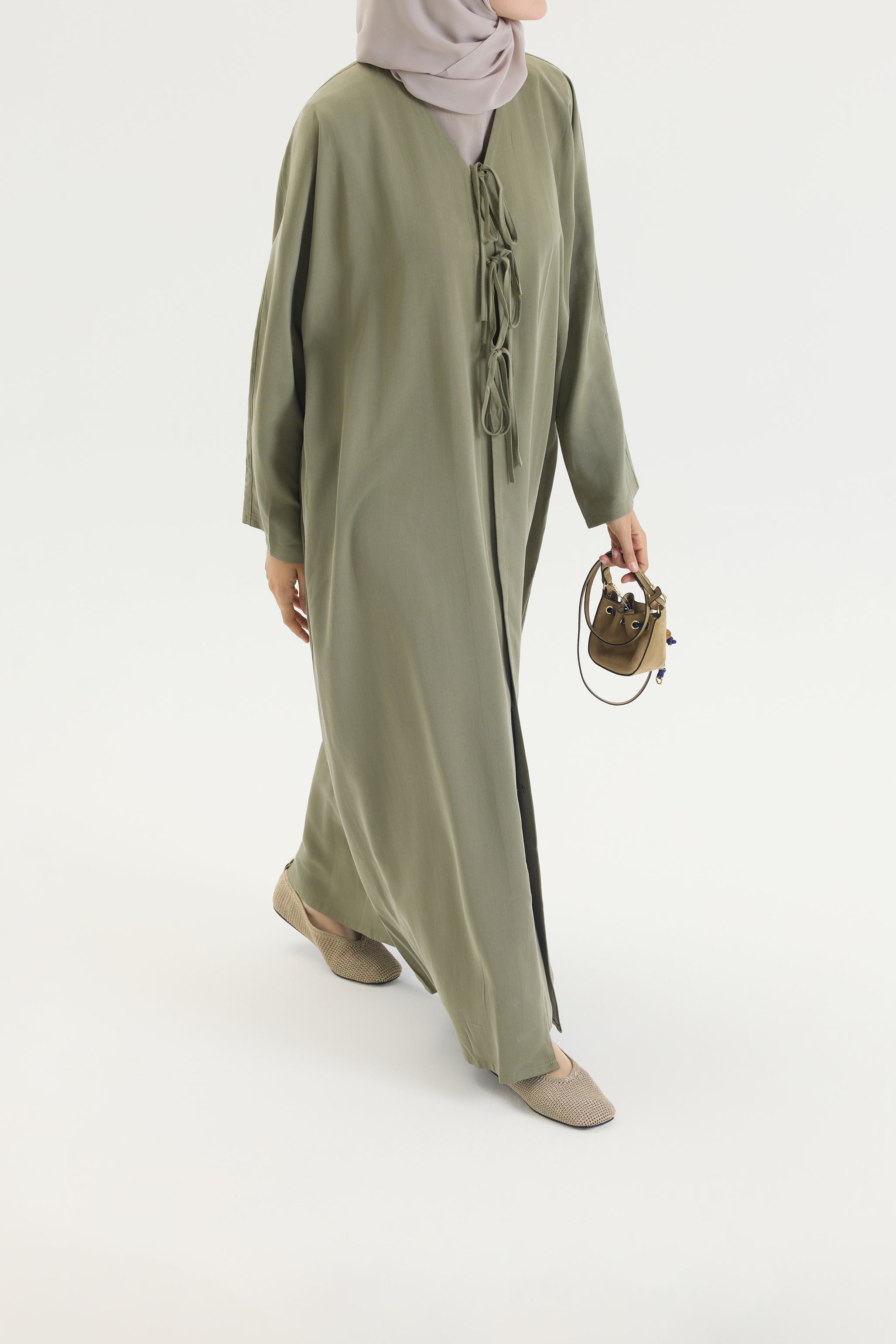 Önden Bağlamalı Çağla Yeşili Bow Abaya Hubab Abaya